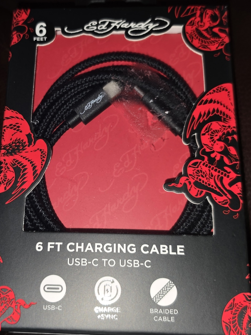 Ed Hardy Black Braided USB-C to USB-C 6ft Charging Cable